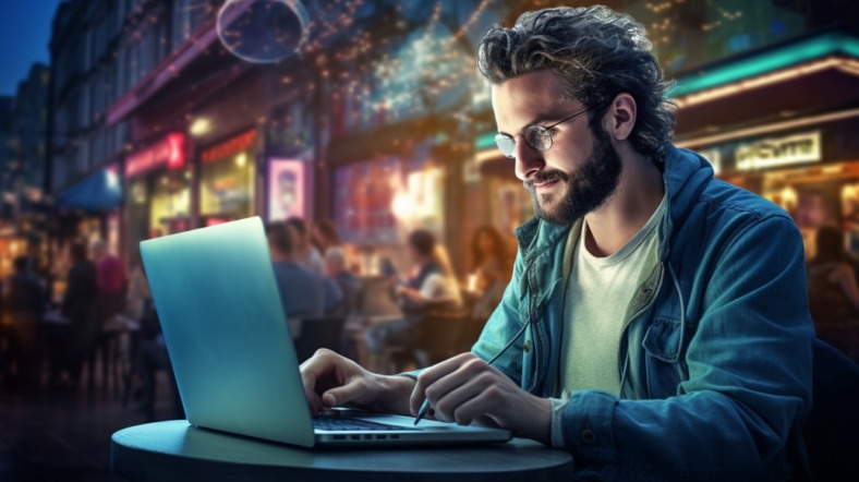man safely browsing internet