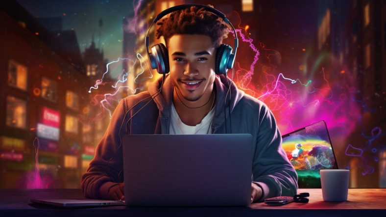 seorang pria menggunakan komputernya untuk mendengarkan musik di youtube